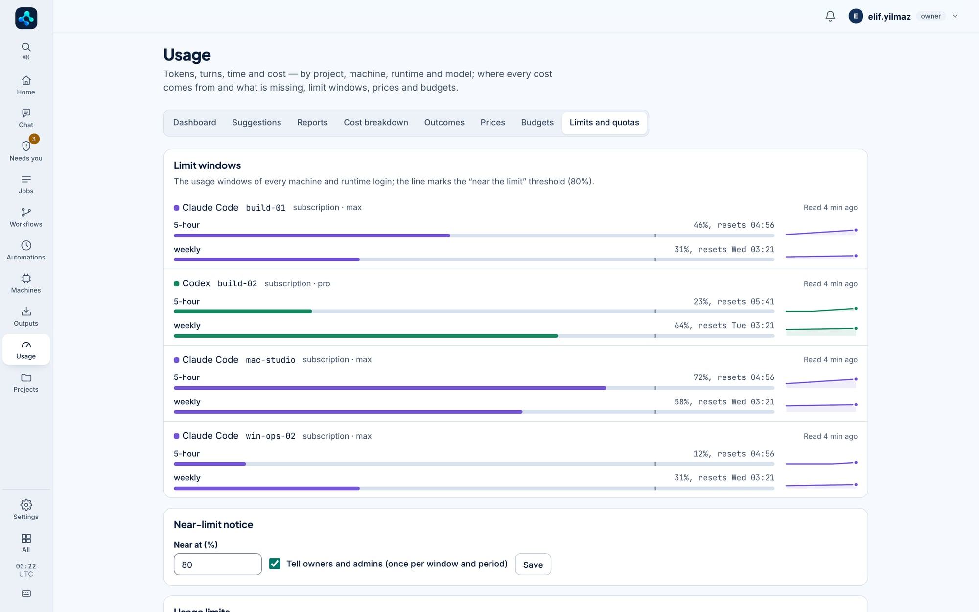 Usage screen: five-hour and weekly limit windows per machine and subscription.