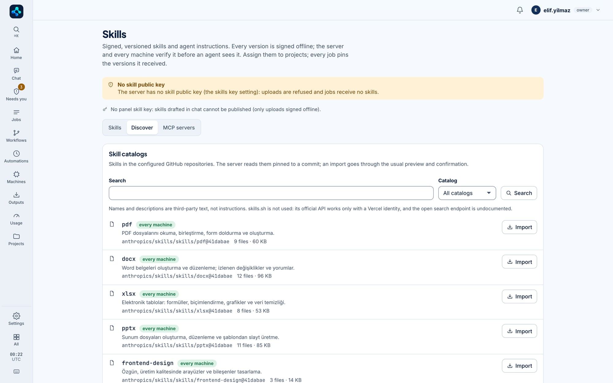 Capabilities → Discover: skill catalogues from GitHub repositories, pinned to a commit.