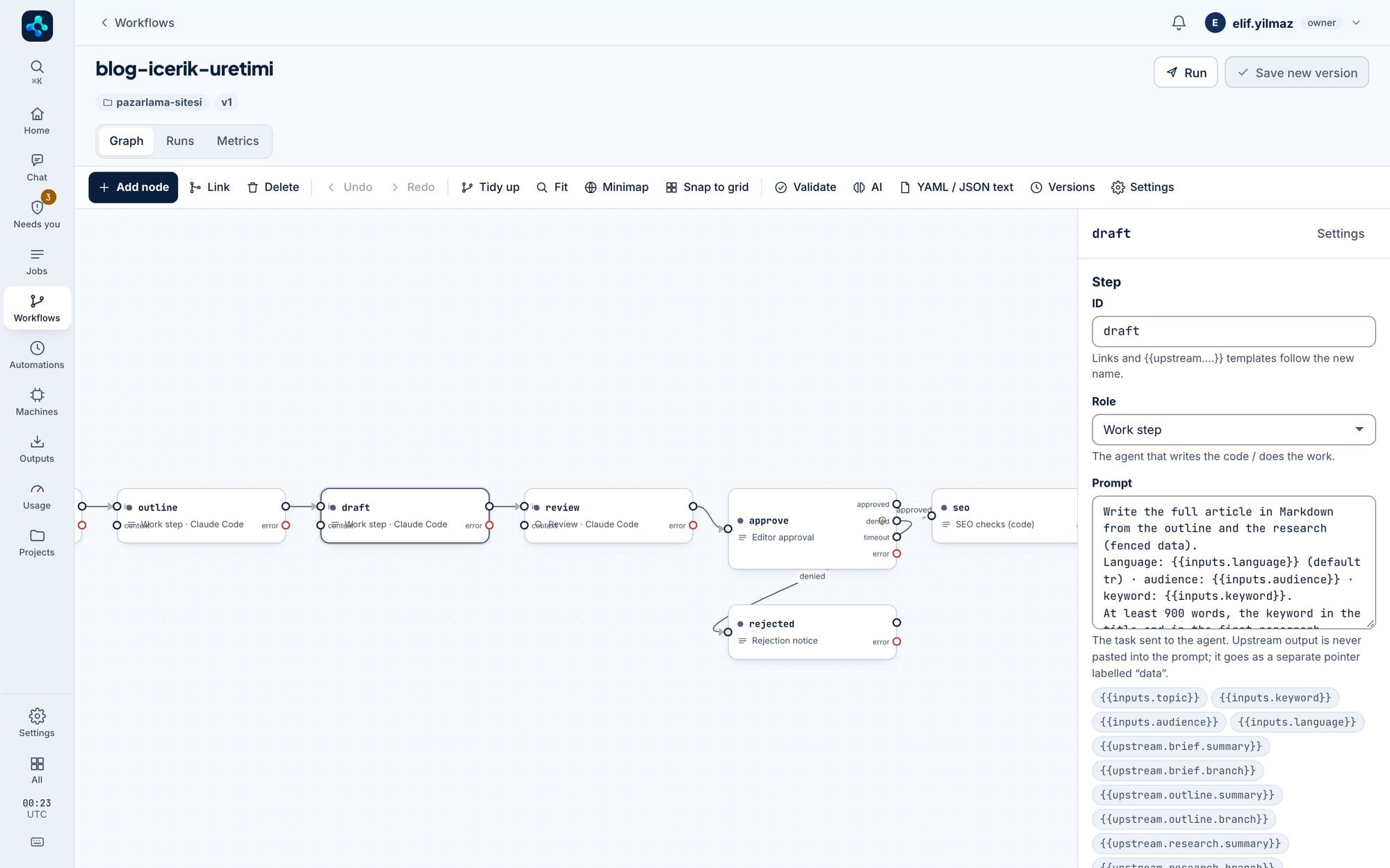 Workflow editor: nodes on the canvas, with the selected step’s settings on the right.